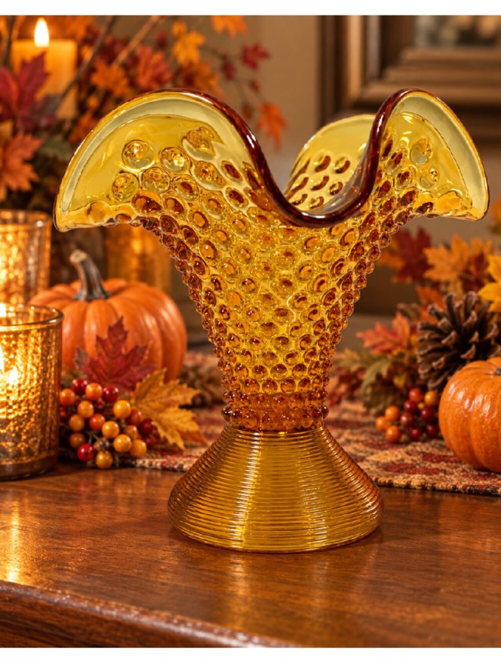 Vintage Amber Hobnail Glass Pedestal Compote Bowl Ruffled Rim – 6.25"